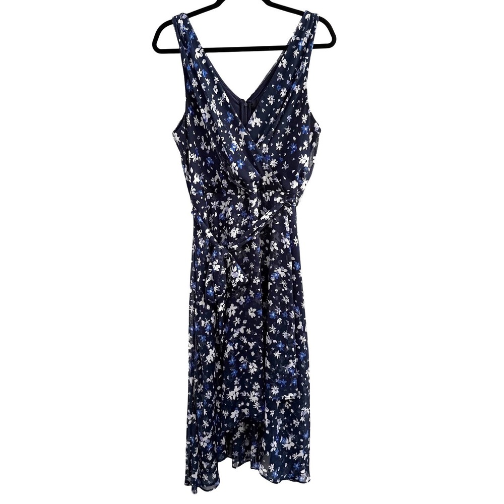 DKNY Womens Navy Blue Floral Faux Wrap High Low Midi Dress Size 14 Sleeveless